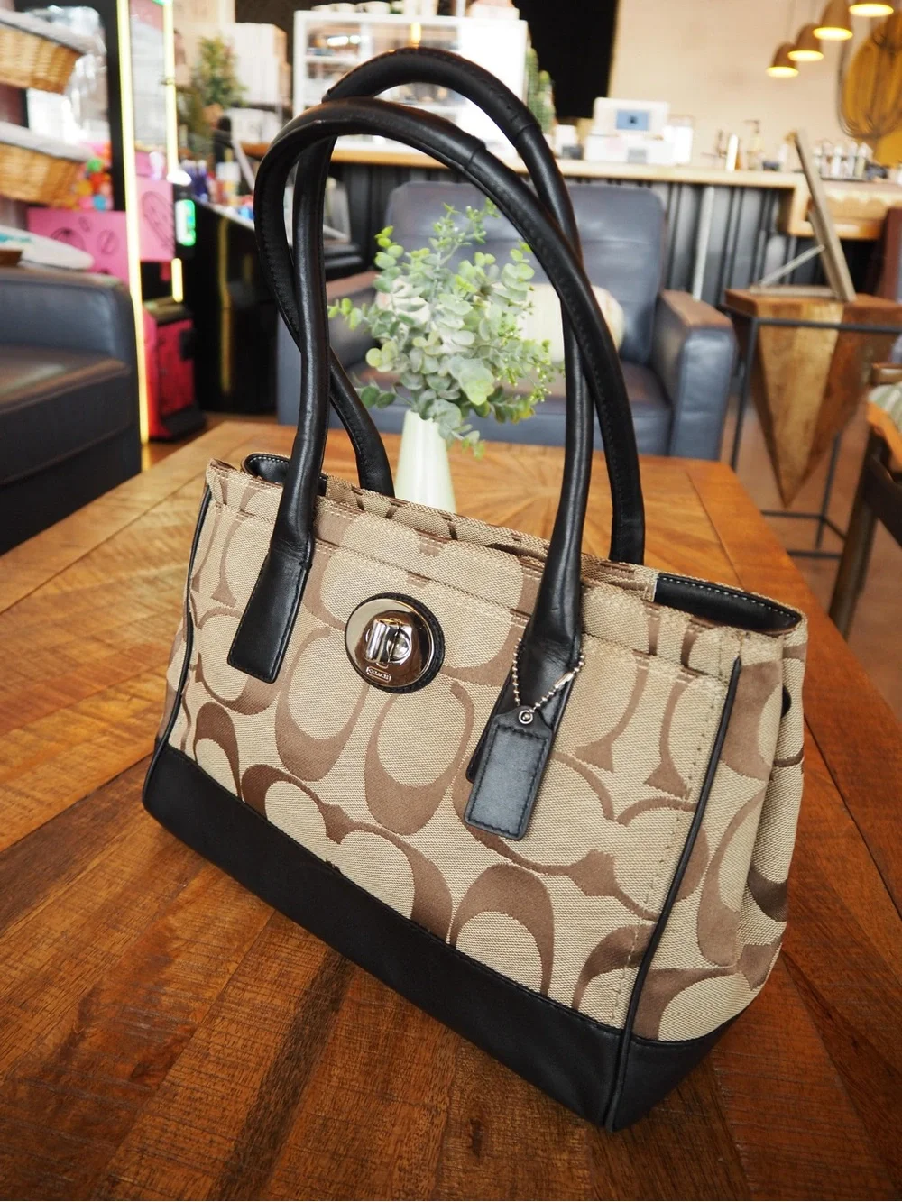Coach Hampton Madeline Signature Canvas Tote with Black Leather Trim